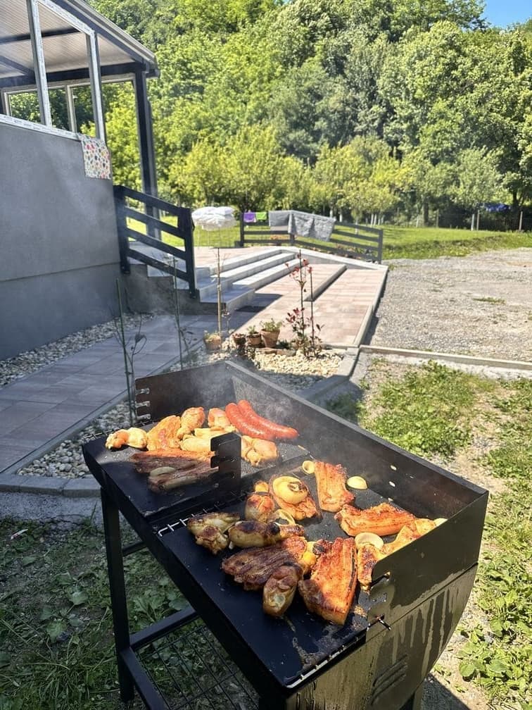Outside barbeque filled with various foods surrounded by forest.